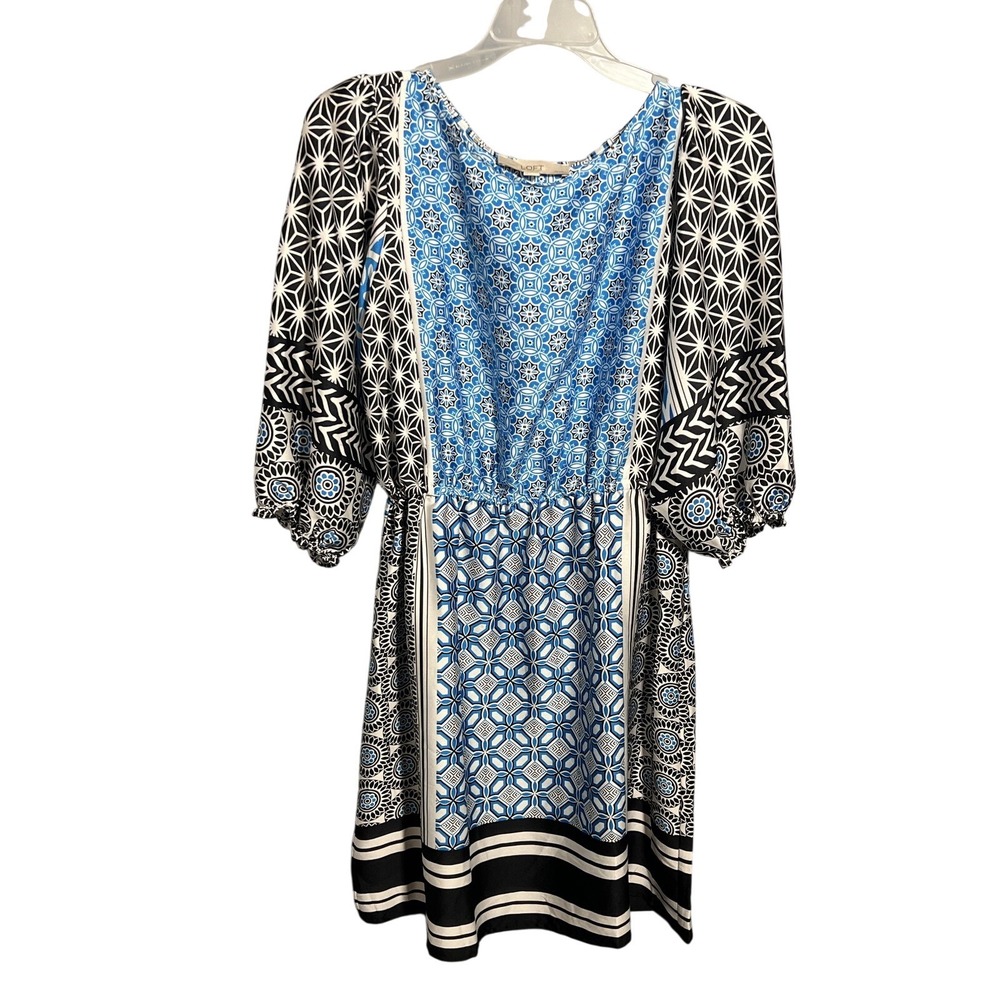 LOFT Petites SP Blue Black White Geometric Floral Tassel Tie Waist Dress